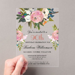 Invitations En Acrylique Soignée élégante peinte à la main Floral 90e fête