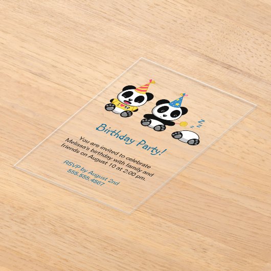 Invitations En Acrylique Soirée d'anniversaire de Cute Pandas (Poser)