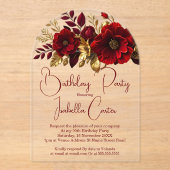 Invitations En Acrylique Soirée d'Anniversaire Fleurs rouges or (Recto)