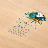 Invitations En Acrylique Soirée d'anniversaire Turquoise Fleurs d'or blanc (Poser)