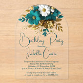 Invitations En Acrylique Soirée d'anniversaire Turquoise Fleurs d'or blanc (Recto)