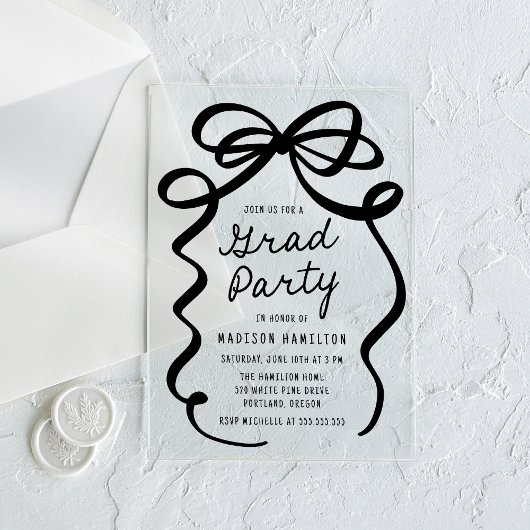 Invitations En Acrylique Soirée de graduation moderne Elegant Black Bow