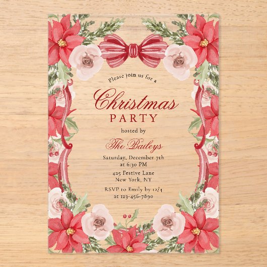 Invitations En Acrylique Soirée de Noël Florale Coquette (Recto)