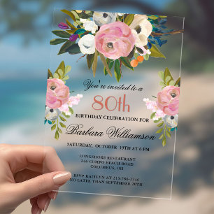 Invitations En Acrylique Soirée élégante peinte à la main florale 80e anniv