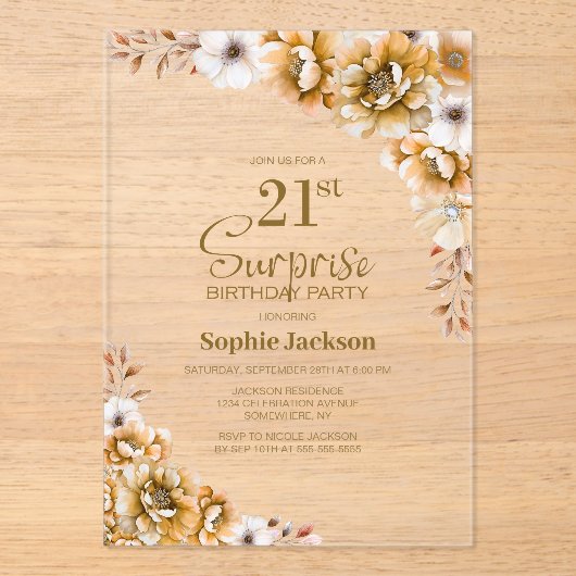 Invitations En Acrylique Soirée Florale Orange 21e anniversaire (Recto)
