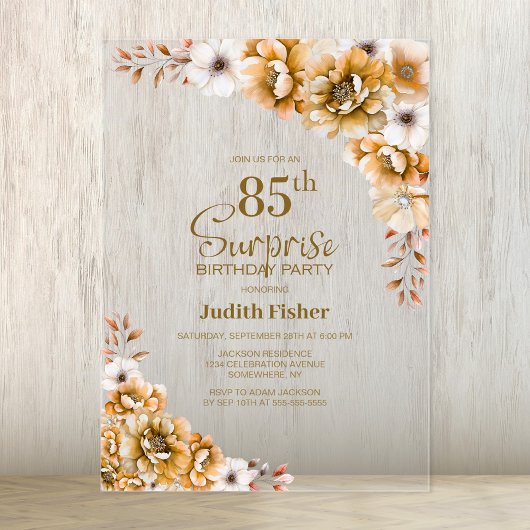 Invitations En Acrylique Soirée florale orange 85e anniversaire