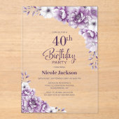 Invitations En Acrylique Soirée stylish Rose Floral 40e anniversaire (Recto)