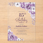 Invitations En Acrylique Soirée stylish Rose Floral 85e anniversaire (Recto)