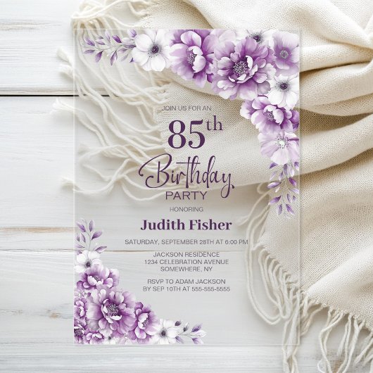 Invitations En Acrylique Soirée stylish Rose Floral 85e anniversaire