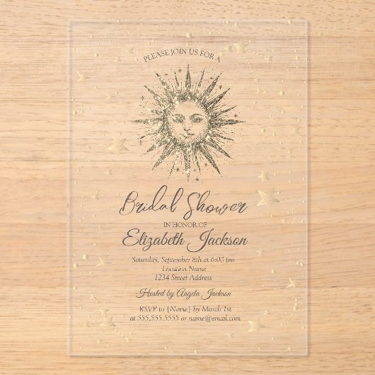 Invitations En Acrylique Soleil d'or céleste, Etoiles Marine Fête des marié (Recto)