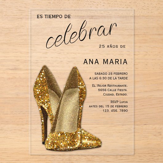 Invitations En Acrylique Sophisticated Gold Spanish Feminine Birthday  (Recto)