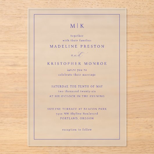 Invitations En Acrylique Sophisticated Navy Initials (Recto)
