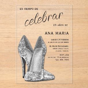 Invitations En Acrylique Sophistiqué Argent Anniversaire Féminin Espagnol