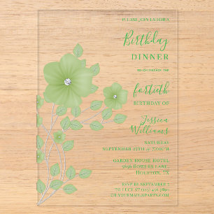 Invitations En Acrylique Sophistiqué Fleurs Vertes Diamant Anniversaire