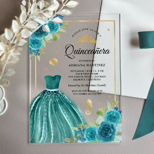 Invitations En Acrylique Sous la mer Robe Turquoise Sirène or Quinceanera