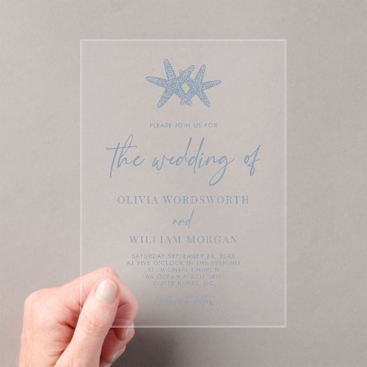Invitations En Acrylique Starfish Beach Script Dusty Mariage bleu (In situ (ordinateur de poche))