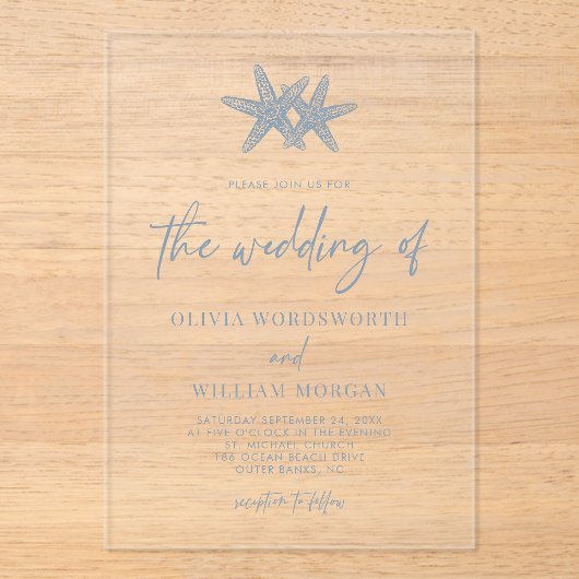 Invitations En Acrylique Starfish Beach Script Dusty Mariage bleu (Recto)