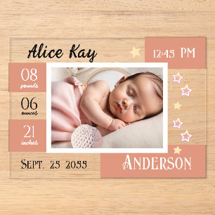 Invitations En Acrylique Statistiques de naissance de bébé une photo rose a