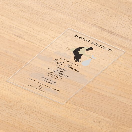 Invitations En Acrylique Stork Nouveau-né bébé garçon fille Baby shower (Poser)