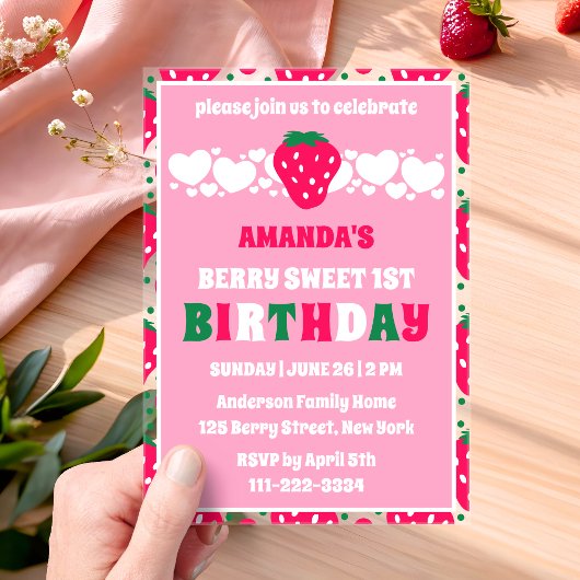 Invitations En Acrylique Strawberry First Birthday Celebration