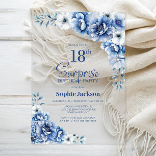 Invitations En Acrylique Style Blue Floral Surprise 18e fête d'anniversaire