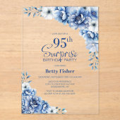 Invitations En Acrylique Style Blue Floral Surprise 95e fête d'anniversaire (Recto)