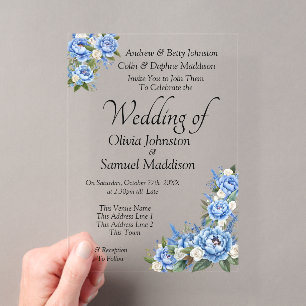 Invitations En Acrylique Suite de mariage Blue Peony sur fond bleu