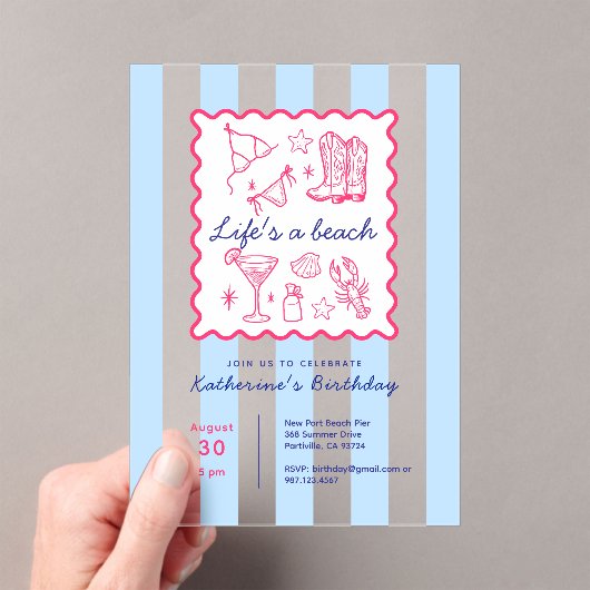 Invitations En Acrylique Summer Life's a Beach Blue Stripes fête d'annivers (In situ (ordinateur de poche))