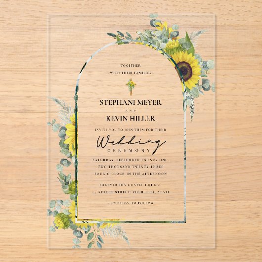 Invitations En Acrylique Sunflowers & Eucalyptus Cross Mariage (Recto)