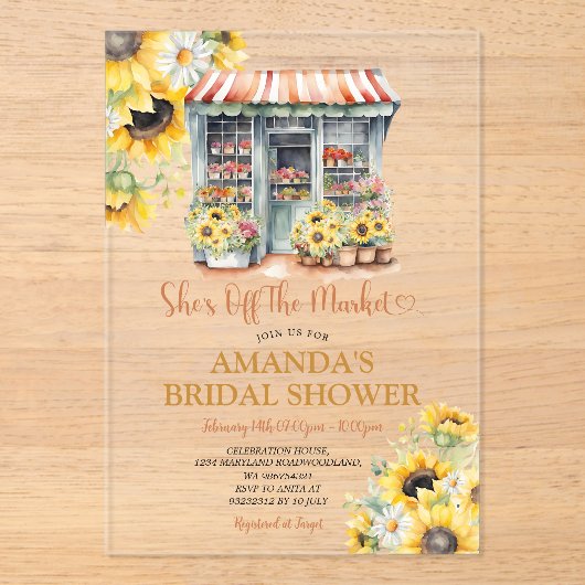 Invitations En Acrylique Sunflowers She's Off The Market Bridal Shower (Recto)