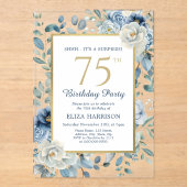 Invitations En Acrylique Surprise Floral Bleu Poussiéreux 75e Anniversaire (Recto)