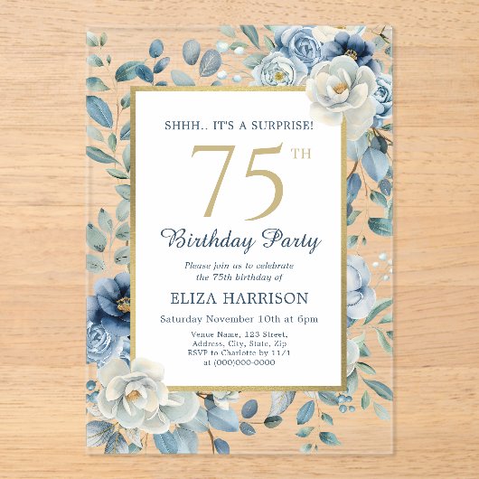 Invitations En Acrylique Surprise Floral Bleu Poussiéreux 75e Anniversaire (Recto)