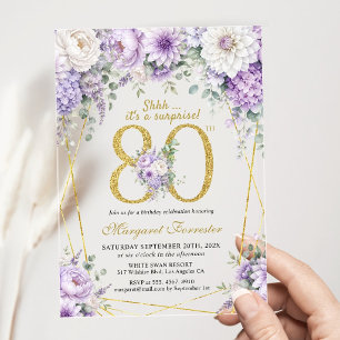 Invitations En Acrylique Surprise Or 80e Anniversaire Floral Violet Poussié