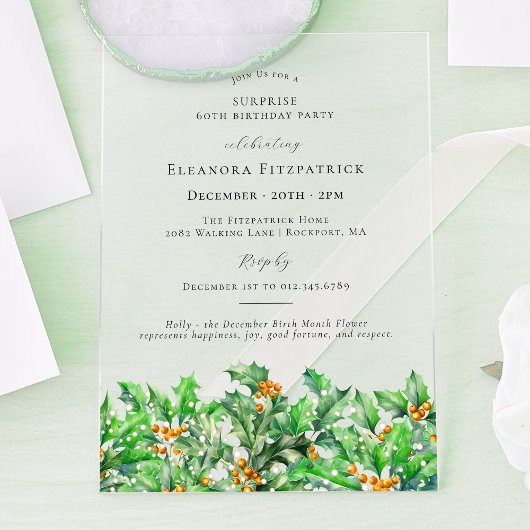Invitations En Acrylique SURPRISE PARTY 60th Holly December Birth Flower