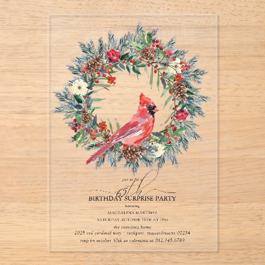 Invitations En Acrylique SURPRISE PARTY 65th Birthday Cardinal Wreath (Recto)