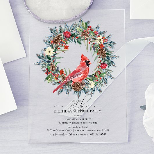 Invitations En Acrylique SURPRISE PARTY 85th Birthday Cardinal Wreath