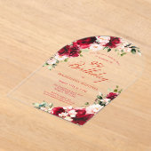 Invitations En Acrylique SURPRISE PARTY 95e Anniversaire Rouge rose floral (Poser)