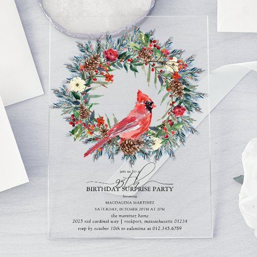 Invitations En Acrylique SURPRISE PARTY 95th Birthday Cardinal Wreath