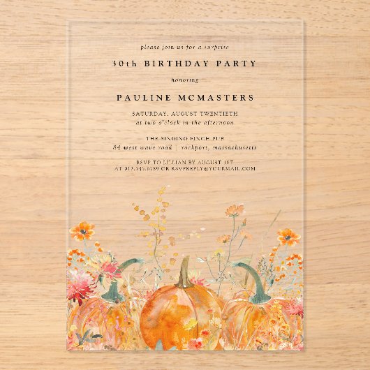 Invitations En Acrylique SURPRISE PARTY ACRYLIC 30E Fleur sauvage Citrouill (Recto)