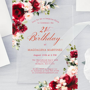 Invitations En Acrylique SURPRISE PARTY Anniversaire 21 ans Rose rouge Pivo