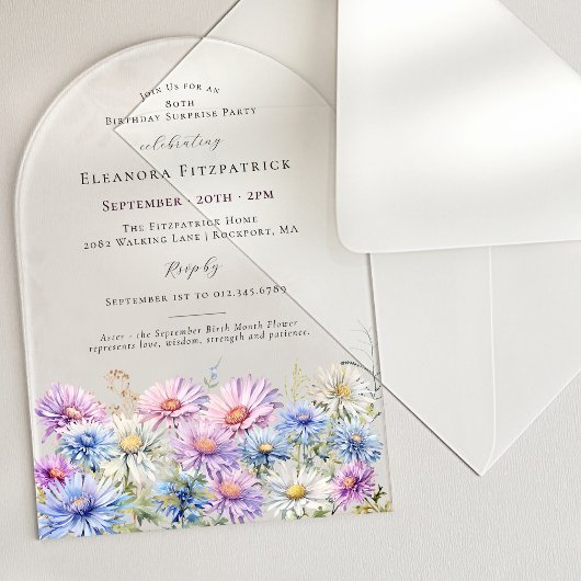 Invitations En Acrylique SURPRISE PARTY ARCH 80 Septembre Fleur de naissanc