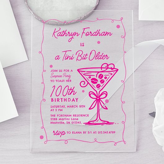 Invitations En Acrylique SURPRISE PARTY Pink Doodle Martini 100e anniversai