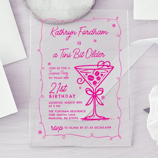 Invitations En Acrylique SURPRISE PARTY Pink Doodle Martini 21e anniversair