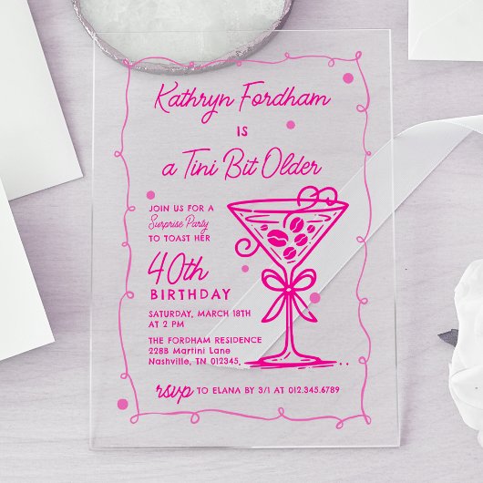 Invitations En Acrylique SURPRISE PARTY Pink Doodle Martini 40e anniversair