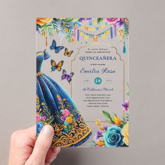 Invitations En Acrylique Sweet15 Mis Quince Fiesta Papillons bleu vert (In situ (ordinateur de poche))