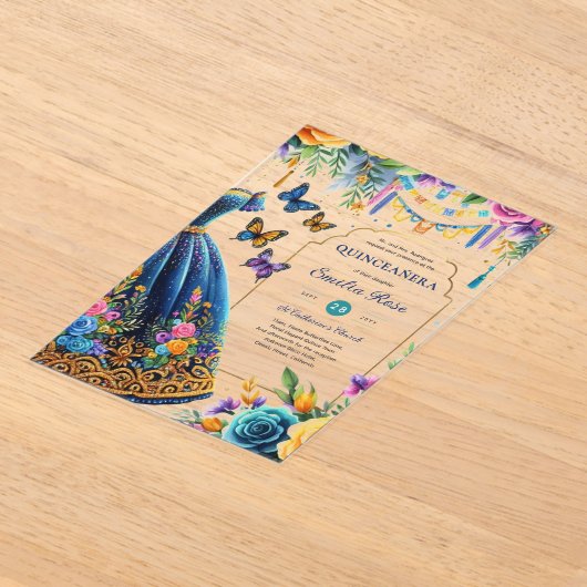 Invitations En Acrylique Sweet15 Mis Quince Fiesta Papillons bleu vert (Poser)