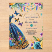 Invitations En Acrylique Sweet15 Mis Quince Fiesta Papillons bleu vert (Recto)