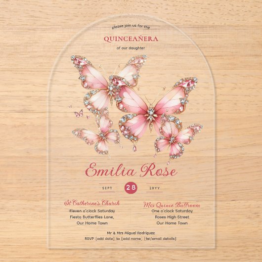 Invitations En Acrylique Sweet15 Papillons QUINCEANERA Blush Pink Diamond (Recto)