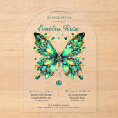 Invitations En Acrylique Sweet15 Papillons QUINCEANERA Emerald Green Gold (Recto)