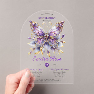 Invitations En Acrylique Sweet15 Papillons QUINCEANERA Purple Blue Gold